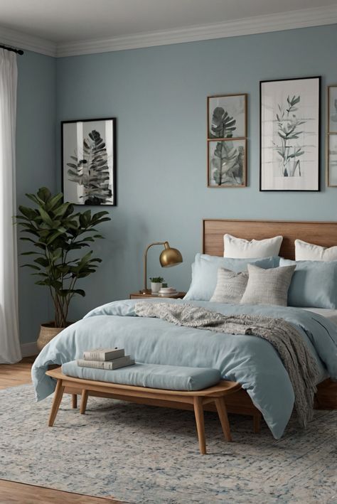 Discover the game-changing advantages of sleek furniture in modern bedrooms. Uncover how clean lines transform spaces effortlessly. #ad     #Colortrend #wallpaint2024  #color2024  #DIYpainting  ##DIYhomedecor  #Fixhome Scandi Blue Bedroom, Light Blue Bedroom Color Schemes, Greenish Blue Bedroom, Tradewind Sherwin Williams Bedrooms, Light Blue Guest Bedroom, Bedroom Wall Blue, Blue Bedroom Ideas For Adults, Simple Blue Bedroom, Calming Blue Bedroom Walls