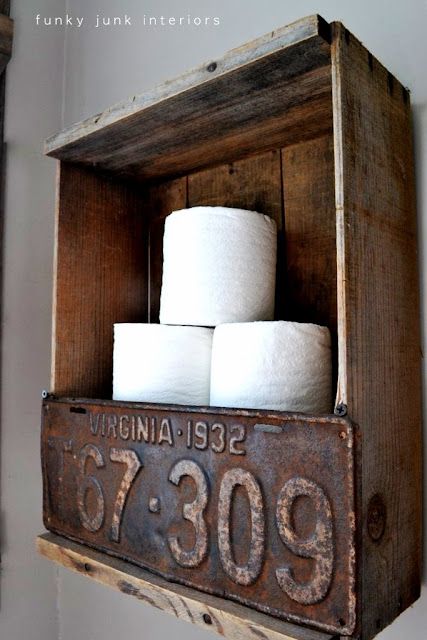 Diy Outhouse Bathroom, Upcycled Wooden Crates, Diy Outhouse, Outhouse Bathroom Decor, Diy Toilet Paper Holder, Outhouse Bathroom, Best Toilet Paper, Industrial Toilets, Old License Plates