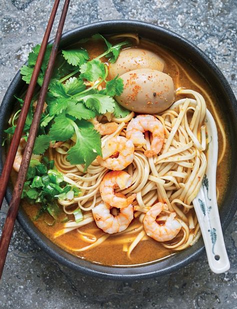 Ramen by Heather Whinney Ramen Dish, Fresh Ramen Noodles, Tom Yum Paste, Ramen Dishes, Spicy Prawns, Thai Soup, Tom Yum, Jumbo Shrimp, Soft Boiled Eggs