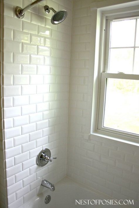 Adding a shower head to a bathtub with faux subway tile (ReBath) Subway Tile Shower Tub, Bathroom White Subway Tile, Shower Tub Surround, White Subway Tile Shower, Tile Tub Surround, Bathtub Surround, Subway Tile Showers, Faux Tiles, Refinish Bathtub