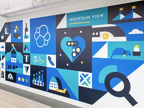 Office Mural - Mountain View by Christine Gan Graphic Design Office Ideas, Restaurant Environmental Graphics, Office Walls Design, Office Wall Graphics Design, Office Wall Illustration, Graphic Mural Design, Office Mural Ideas, Retail Mural, Graphic Wall Design