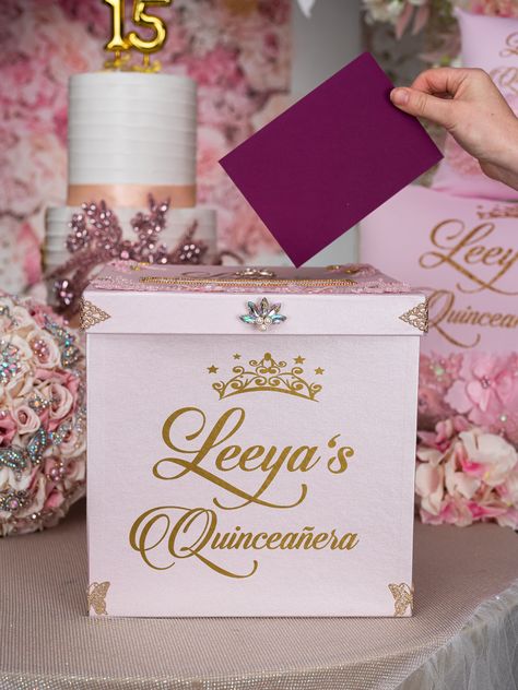 Pink Iridescent quinceanera money card box Quincenera Box Ideas, Money Card Box Ideas, Pink Centerpieces Quinceanera, Card Box Quinceanera, Centerpieces Quinceanera, Quinceanera Guest Book, Money Card Box, Diy Card Box, Quinceanera Bouquet