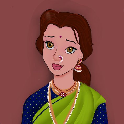 Disney Princess In Saree, Earring Illustration, Acrylic Reference, Indian Disney Princess, Maharashtrian Look, Indian Barbie, Camera Drawing, Indian Illustration