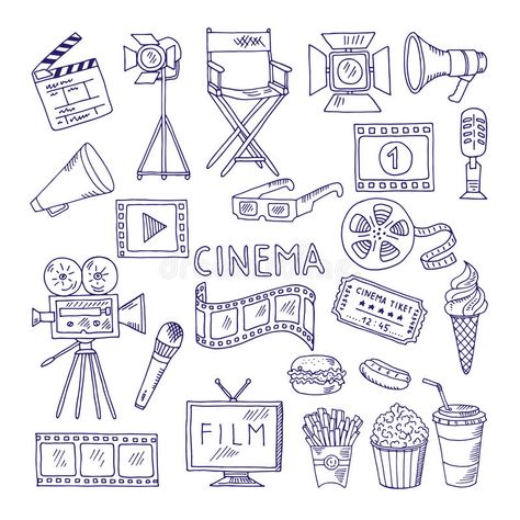 Cinematography doodle set. Video movie entertainment icons. Video cinema multimedia, movie film illustration stock illustration Notesbog Design, Tv Vector, A Serbian Film, Background Camera, Bullet Journal Headers, Arte Doodle, Sketch Note, Bullet Journal Themes, Bullet Journal Writing