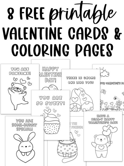 Get this set of free Valentine's Day coloring cards and pages. These Valentine’s Day coloring pages for kids are a great Valentine’s Day activity to keep kids busy this February. Use the Valentine’s Day card printables to make some adorable Valentine’s Day cards for your child’s class to pass out. Their simple designs work for younger kids, too. Diy Valentine's Cards For Kids, Valentines Day Card Template, Free Valentine Printables For Kids, Printable Valentine Cards For Kids, Printable Valentines For Kids, Valentines Card Template, Coloring Valentine Cards, Valentine Card Printables Free, Valentine Free Printables