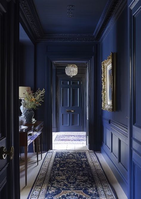 What is colour drenching? - aIDyl - An Interior Design Agency Dark Blue And White Interior, Blue Paint For Office Walls, Colour Flooding Interior, Dark Blue Front Door Colors, Colour Drenching Interiors, Dark Blue Interior Design, Painted Walls Ideas, Dark Blue Hallway, Color Drenching Interiors