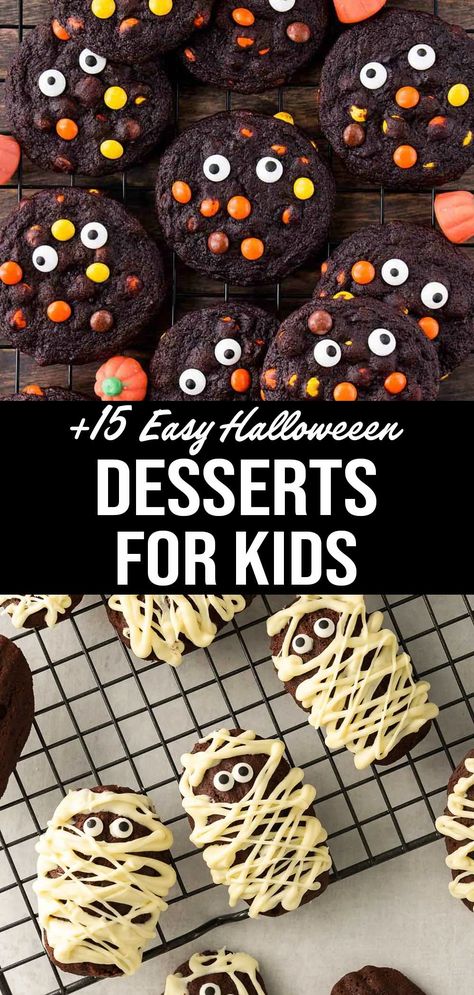 Looking for some cute and spooky Halloween dessert ideas? Look no further. Here is a handpicked collection of 15+ easy and yummy treats for you and your kids to have some fun making, and even more fun eating! Halloween Desserts For Kids Party, Fall And Halloween Baking Ideas, Fun Halloween Sweet Treats, Halloween Baking For Preschool, Cute Fall Desserts For Kids, Easy School Halloween Treats, Eggless Halloween Desserts, Halloween Dessert Healthy, Spooky Easy Desserts