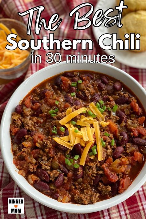 Step into Southern comfort with a beef and bean chili that's ready in a quick 30 minutes on the stovetop. Crafted from scratch, this heartwarming, homemade classic is a lifesaver for busy weeknights, unexpected guests, or when the chill in the air calls for a bowl of warmth. As the leaves begin to fall, let this be your staple dish. For this gem and more wholesome recipes, drop by Dinner.mom.com. Southern Chili Recipe, Southern Chili, Easy Beef Chili Recipe, Beef And Bean Chili, Beef And Beans, Chili Recipe Stovetop, Chili Recipe Healthy, Homemade Chili Recipe, Beef Chili Recipe