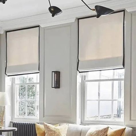 Black And White Stripe Roman Blinds, Masculine Roman Shades, Roman Shades Pattern, Roman Blinds Black And White, Townhouse Window Treatments, Black And White Roman Shades, Elegant Roman Shades, Black Out Roman Blinds, Roman Shade With Tape Trim