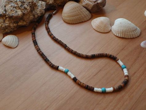 Mens surfer choker necklace beaded with coconut beads, white shell, turquoise beads Male Necklace, Necklaces Men, Men Necklaces, Surf Necklace, Sell Jewelry, Diamond Locket, Man Jewelry, Mens Beaded Necklaces, Indian Designs