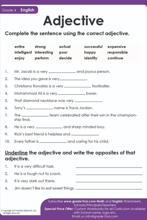 Adjective exercises worksheet for Class 4 CBSE/NCERT/SCERT. 1. Mr Jacob is a very HAPPY and joyous person. These exam style questions to score well and created by teachers Subscribe to www.grade1to6.com for just $25 a year to get 6000 plus Maths and English worksheets for Grade 1 to Grade 6 #mathworksheets #schoolprincipals #englishworksheets English Worksheets For Grade 1, 4th Grade Sight Words, Adjectives Exercises, 6th Grade English, Free English Worksheets, Worksheets For Grade 1, 6th Grade Worksheets, Grammar Questions, English Adjectives