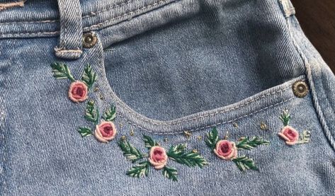 Jean Diy, Embroidery Jeans Diy, Clothes Embroidery Diy, Haine Diy, Denim Embroidery, Diy Jeans, Diy Vetement, Pola Sulam, Kleidung Diy