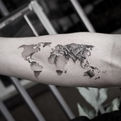 . World Map Tattoo Men, Ink Tattoo Ideas, Grey Ink Tattoo, World Map Tattoo, Black And Gray Ink Tattoo, Grey Ink Tattoos, Black And Grey Tattoos For Men, World Map Tattoos, Map Tattoo