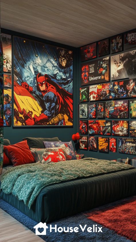 Comic Book Universe Updated Comic Room Ideas, Teen Boy Bedroom Ideas, Boy Bedroom Ideas, Comic Room, Jungle Bedroom, His Personality, Chill Zone, Teen Boy Bedroom, Design A Space