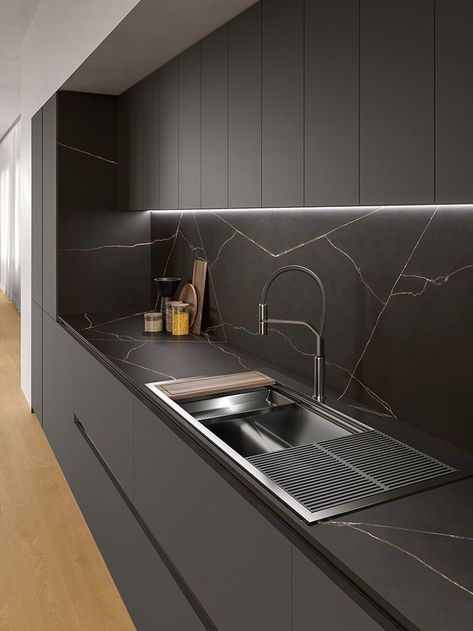 Black Kitchen Inspiration, Black Tiles Kitchen, Modern Grey Kitchen, Серая Кухня, Kitchen Tiles Design, Modern Kitchen Interiors, Kitchen Design Plans, Modern Kitchen Cabinets, Grey Kitchens