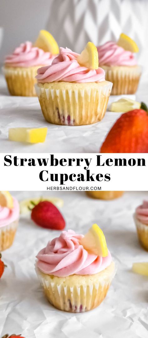 Strawberry Cupcakes With Lemon Frosting, Lemon Birthday Cupcakes, Lemon And Strawberry Cupcakes, Strawberry Lemon Cupcakes Easy, Lemon Berry Cupcakes, Strawberry Lemon Desserts Easy, Fruity Birthday Desserts, Lemon Strawberry Cupcakes, Strawberry And Lemon Desserts