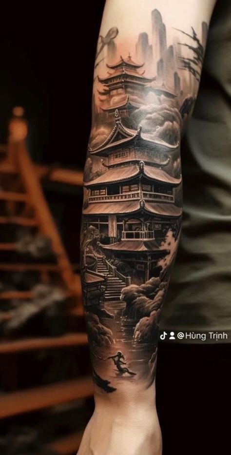 Beautiful Temple Quotes Japanese House Tattoo Design, Japanese House Tattoo, Japanese Temple Tattoo, Samurai Tattoo Sleeve, Japanese Leg Tattoo, Japanese Tattoos For Men, Temple Tattoo, Buddha Tattoo Design, Samurai Tattoo Design