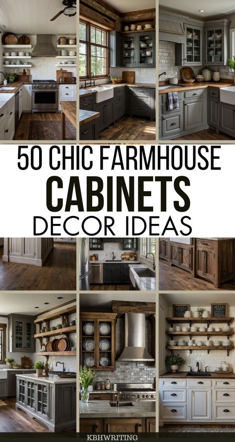 Transform your kitchen with these 50 chic farmhouse cabinet decor ideas! From rustic wood finishes to elegant white shiplap, these designs offer the perfect blend of charm and sophistication. Add vintage hardware, open shelving, and soft neutral tones to create a cozy, farmhouse-inspired look that feels both timeless and stylish. #FarmhouseDecor #CabinetDecor #RusticCharm Farmhouse Kitchen Top Of Cabinets, Rustic Decor On Top Of Kitchen Cabinets, Open Cabinet Decor Kitchen, Modern Country Kitchen Cabinets, Top Of Kitchen Cabinet Decor Ideas Farmhouse, Kitchen Ideas With Floating Shelves, Shiplap Above Kitchen Cabinets, Rustic Modern Kitchen Cabinets, Rustic Farmhouse Backsplash