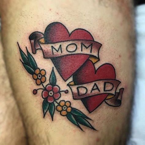 Honor Your Parents, Mom And Dad Tattoo, Tyger Tyger, Heart Tattoos With Names, Traditional Heart Tattoos, Mom Heart Tattoo, Father Tattoos, Tribute Tattoos, Dad Tattoo