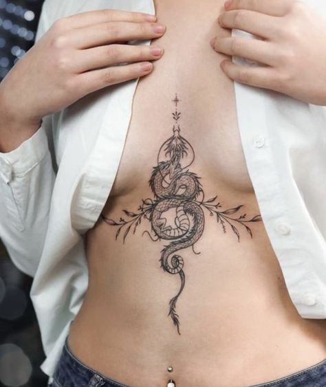 Dragon Tattoo Sternum, Snake Sternum Tattoo Women, Dragon Sternum Tattoo Women, Sternum Snake Tattoo, Dragon Sternum Tattoo, Snake Sternum Tattoo, Underbust Tattoo, Sternum Tattoos For Women, Sternum Tattoo Design