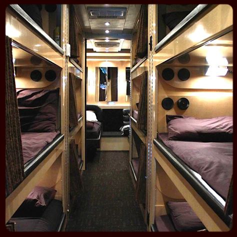 Tour bus bunks. Always take the top passenger side. Bus Travel Aesthetic, Tour Bus Interior, Bus Interior, Bus Life, Tour Bus, Bus Camper, Bus Conversion, Luxury Camping, Bus Travel