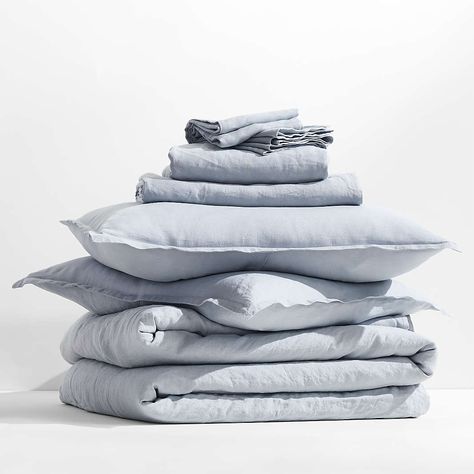 Bed Sheets & Modern Sheet Sets | Crate & Barrel Linen Mist, Full Bedding, Luxurious Bedding, Full Bedding Sets, 100 Euro, Linen Sheet Sets, Full Duvet Cover, King Bedding Sets, Sheet Sets Full