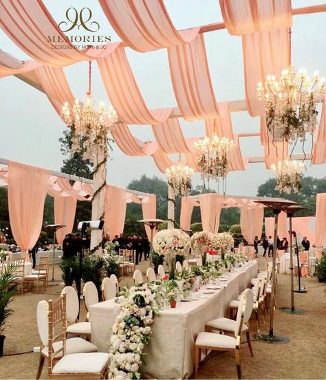 Peache drapes are perfect for your winters day weddings Bookmark this right away for some major decor goals. . . Decor @memoriesdesignsbynidhijc Featured on @weddecor.in . . . Follow us for more decor inspiration for your dream wedding.First premium page for all your decor fantasies. Tag us @weddecor.in to get featured. Email your original work at weddecorindia@gmail.com #weddecor #peachdecor #intimatemehndi #intimateweddings #haldidecor #mehndidecor #fun #calmingdecor #beautifuldecor #wed Haldi Ceremony Decorations, Indian Wedding Decorations Receptions, Outdoor Tent Wedding, Night Wedding Decor, Wedding Entrance Decor, Wedding Stage Design, Mandap Decor, Wedding Planning Decor, Wedding Backdrop Design