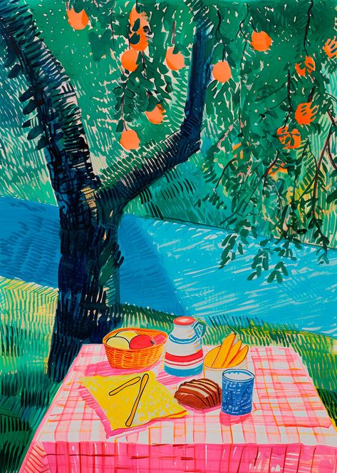 A brightly colored art poster featuring an outdoor summer picnic scene with a blue and green backdrop of trees and grass, a pink patterned picnic tablecloth, and a spread of fruits, bread, and beverages. Dining Illustration, Picnic Poster, Picnic Art, Birthday Illustration, Summer Illustration, Colorful Illustration, Creative Photography Techniques, Fruit Illustration, Al Fresco Dining