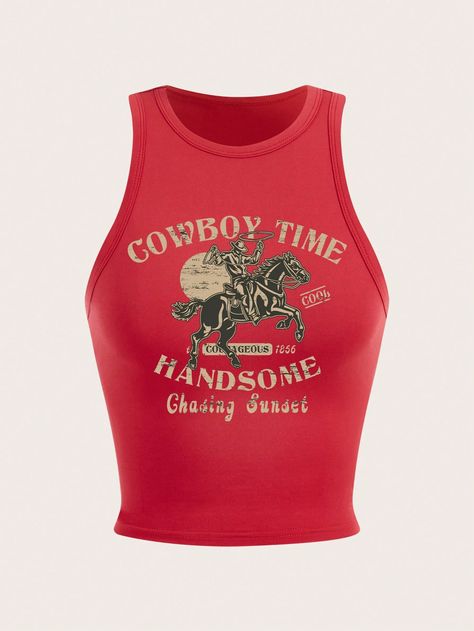 SHEIN EZwear Cowboy Women Casual Western Equestrian Crop Top Sexy Slim Fit Tank Top Suitable For SummerI discovered amazing products on SHEIN.com, come check them out! Cowboy Women, Cowgirl Casual, Western Tank Tops, Western Equestrian, Bach Party, Summer Tank Tops, Workout Tank Tops, Tank Top Cami, Summer Women