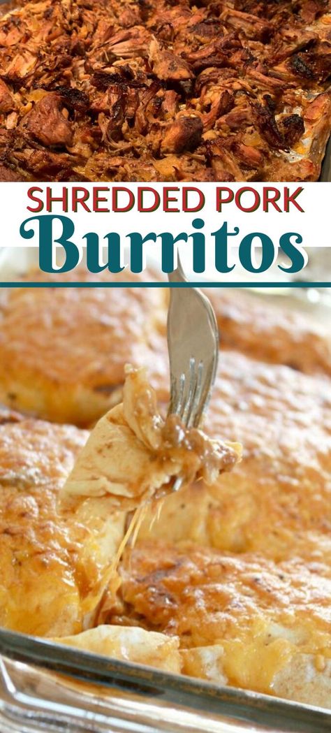 Pulled Pork Burritos, Baked Burritos, Shredded Pork Recipes, Pork Burritos, Mexican Pulled Pork, Sweet Pork, Slow Cooked Pork, Mexican Recipe, Pork Carnitas