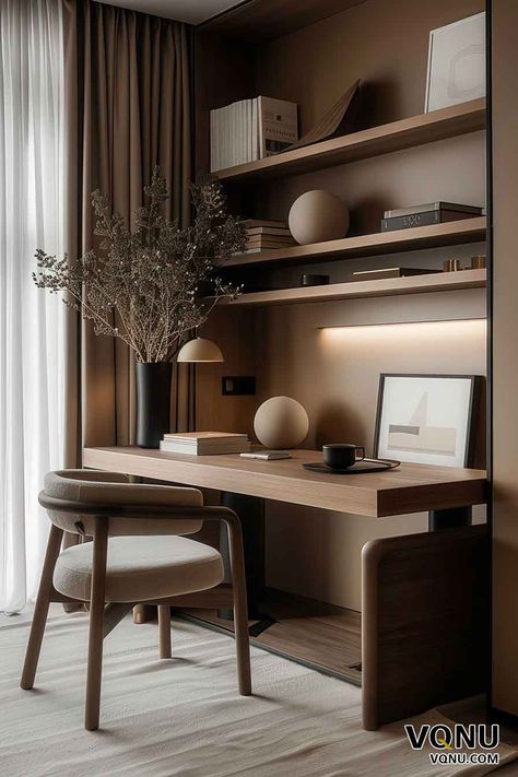 Modern Minimalist Home Office with Warm Tones His And Her Home Office Ideas, Working Area In Living Room, Home Office Minimalist Workspace, Office Room Two Desks, Blue And Wood Combination, Home Office Ideas Desk Against Wall, In Bedroom Office, Home Study Inspiration, Doctor Home Office