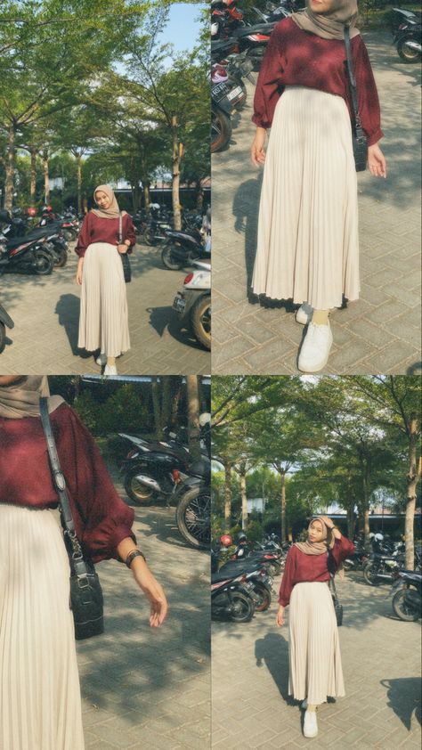 Hijab Topi, Outfit Hijab Casual Rok, Model Photoshoot Poses, Ootd Ngampus, Outfit Ideas Dressy, Simple Ootd, Maroon Outfit, Hijab Simple, Topi Baseball