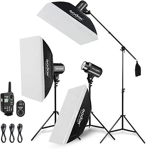 Godox 750W Professional Studio Strobe Flash Light Kit, 3-Light Godox Strobe Lighting Kit for Photography, 3x250W 5600K Monolights with Strobe Trigger, Softbox, Light Stands, Boom Arm Flash Studio Photography, Photography Lighting Equipment, Camera Logos Design, Softbox Lighting, Photography Studio Setup, Background Studio, Boom Arm, Barn Door Kit, Camera Logo