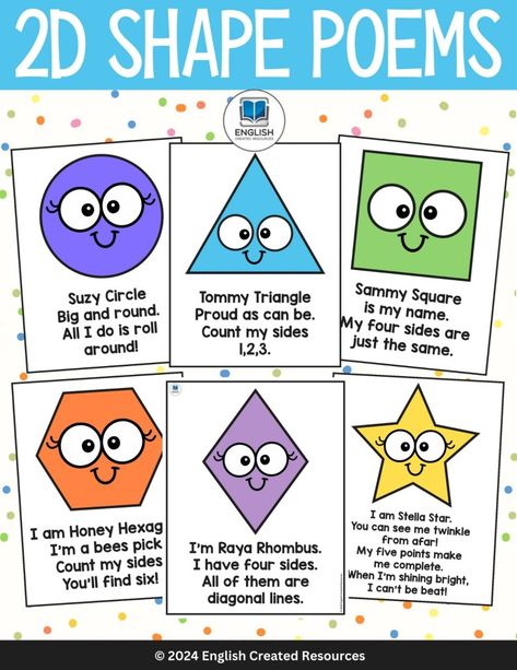 Shapes Rhymes, Short Poems For Kids, Science Poems, English Created Resources, Reading Comprehension Grade 1, Journey Music, Shape Poems, Shape Songs, Poems In English