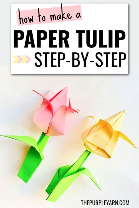 Step-by-step tutorial to make an easy paper tulip for kids and beginners. Learn how to fold an Origami tulip with stem and leaf. Origami Star Instructions, Flower Crafts Preschool, Tulip Origami, Origami Tulip, Origami For Kids, Easy Origami Flower, Easy Origami For Kids, Origami Step By Step, Kids Origami