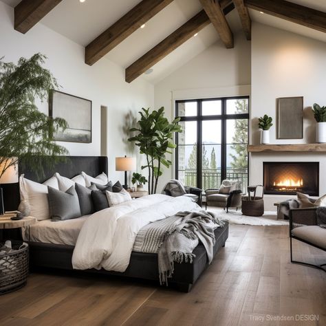 farmhouse-bedroom-ideas-1 Rustic Home Interiors Bedroom, Bedroom Design Farmhouse, Mountain Master Bedrooms Decor, King Bedroom Ideas Master Modern, Black Modern Farmhouse Bedroom, Modern Farmhouse Room, Dark Modern Farmhouse Bedroom, Cozy Master Suite, High Ceilings Bedroom