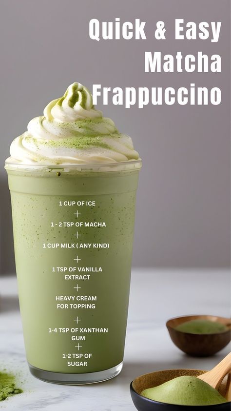 How To Make A Matcha Frappuccino, Green Matcha Recipes, Sweet Matcha Recipes, Good Matcha Recipes, Protein Frappuccino Recipe, How To Make A Matcha Latte At Home, Home Made Frappuccino, Green Tea Drink Recipes, How To Make Matcha Green Tea