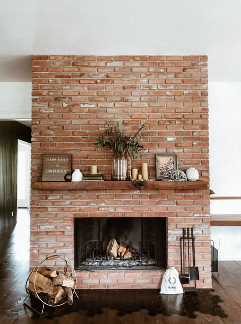 Red Brick Fireplace, Rustic Fireplace Mantel, Diy Fireplace Mantel, Red Brick Fireplaces, Rustic Fireplace Mantels, Rustic Fireplace, Wooden Mantel, Living Room Transformation, Rustic Fireplaces