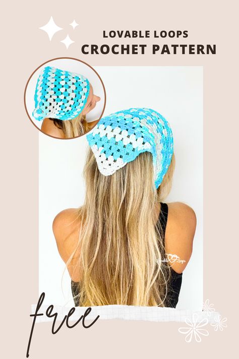 Melissa Hassler from Lovable Loops wearing her free crochet bandana pattern Kerchief Pattern Free, Crochet Kerchief Pattern Free, Bandana Crochet Pattern Free, Crochet Kerchief Pattern, Crochet Bandana Pattern Free, Bandana Crochet Pattern, Crochet Bandana Pattern, Granny Stitch Crochet, Kerchief Pattern