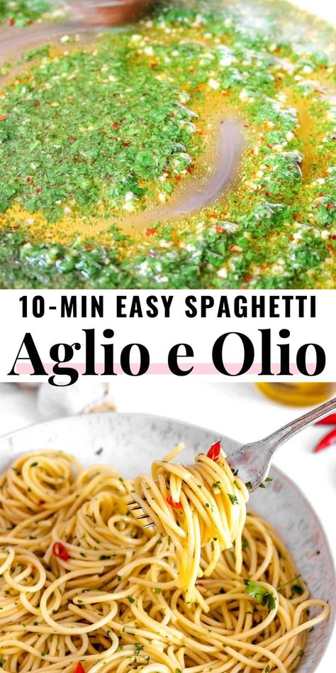 Spaghetti aglio e olio is a classic pasta dish from Italy where the spaghetti is tossed in a simple and tasty garlic, chillis, parsley, and olive oil sauce.We'll show you how to make this recipe to perfection in under 15 minutes and give you plenty of ideas on how to add your favorite veggies to turn it into a delicious family dinner. Zucchini Aglio Olio, Pasta Dishes With Olive Oil, Creamy Aglio E Olio Chicken Pasta, Pasta Oil Sauce, Aglio E Olio Recipes Chicken, Simple Aglio Olio Recipe, Pasta With Oil And Garlic Aglio Olio, Spaghetti Garlic And Oil, Simple Olive Oil Pasta Sauce