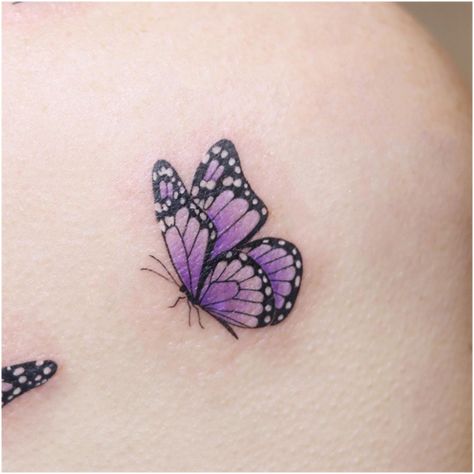 Lilac Tattoo With Butterfly, Purple Butterfly Tattoo Behind Ear, Purple Monarch Butterfly Tattoo, Small Colored Butterfly Tattoo, Perched Butterfly Tattoo, Lavender Butterfly Tattoo, Small Tattoos With Color, Purple Butterfly Tattoos, Small Purple Tattoo