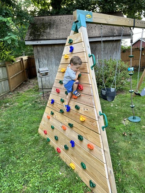 Adding a Climbing Wall to an A-frame Swing Set – Chuck Grimmett Ideas Para Decorar Jardines, Kids Backyard Playground, Play Area Backyard, Backyard Kids Play Area, Outdoor Play Areas, Diy Playground, Kids Outdoor Play, Backyard Playground, Yard Games