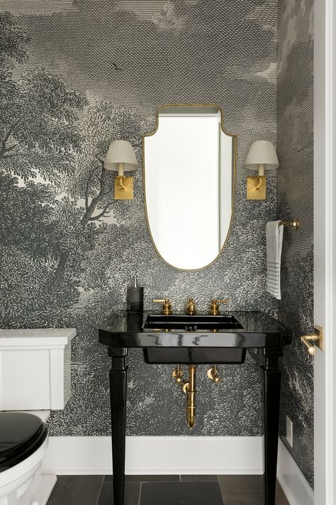 Black And Gold Powder Room, Black Pedestal Sink, Gold Powder Room, Black Powder Room, Wallpaper Powder Room, Dallas Interior Design, Black And White Bathroom, Powder Room Wallpaper, Powder Room Decor