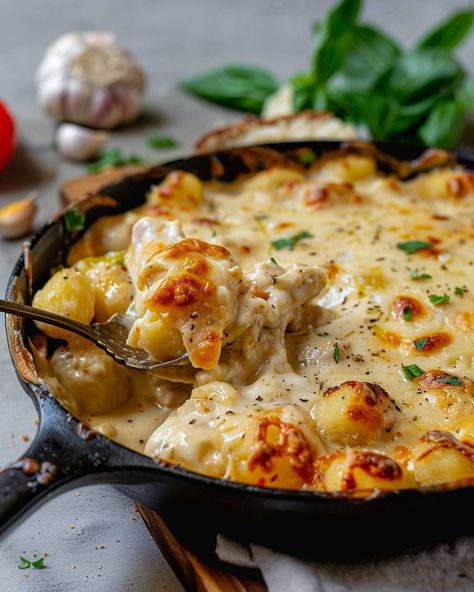 Dinner dilemma solved! This Creamy Chicken and Gnocchi Bake is a crowd-pleaser and oh-so-satisfying. Perfect for those busy nights! Fall Gnocchi Recipes, Alfredo Gnocchi Bake, Chicken Alfredo Gnocchi, Wife Meals, Autumn Dinner Recipes, Easy Fall Recipes Dinner, Alfredo Gnocchi, Creamy Chicken And Gnocchi, Budget Bites