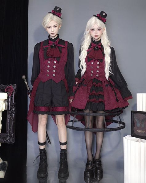 New Release: CastleToo 【-The Devil Twins-】 【Black X Red Colorway】 #Gothic #Ouji Lolita Blouse, Vest, Shorts and Skirt  ◆ Shopping Link >>> https://lolitawardrobe.com/castletoo-the-devil-twins-black-x-red-colorway-gothic-ouji-lolita-blouse-vest-shorts-and-skirt_p8315.html Red Blouse Black Skirt, Gothic Ouji Fashion, Ouji Outfit, Modern Vampire Outfit, Outfits For Twins, Aristocrat Vest, Vkei Outfits, Demon Clothes, Vkei Fashion