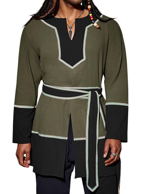 PRICES MAY VARY. 【Feature】: Medieval viking Knight tunic, unisex styles for men and women, v neck, long sleeve, color block, delicate embroidery on the bottom, neckline and cuffs. The unique belt design makes this Knight shirt even more outstanding. 【Material】: 100% Cotton. Crafted from high-quality pure cotton fabric, this shirt is comfortable, lightweight, breathable, skin-friendly, easy to clean and quickly dry. Keep you comfortable while participating in various activities. 【Match】：You can p Tunic Designs For Men, Mondstadt Outfits, Belegarth Garb, Medieval Mens Clothing, Tunic Designs, Medieval Costume, Delicate Embroidery, Viking Warrior, Belt Design