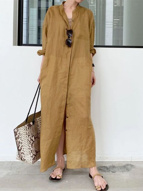 Loose Shirt Dress, Long Linen Dress, Long Dress Design, Dress Stand, Cotton Linen Dresses, Linen Shirt Dress, Shirt Dress Casual, Dress Shirts For Women, Women Long Dresses