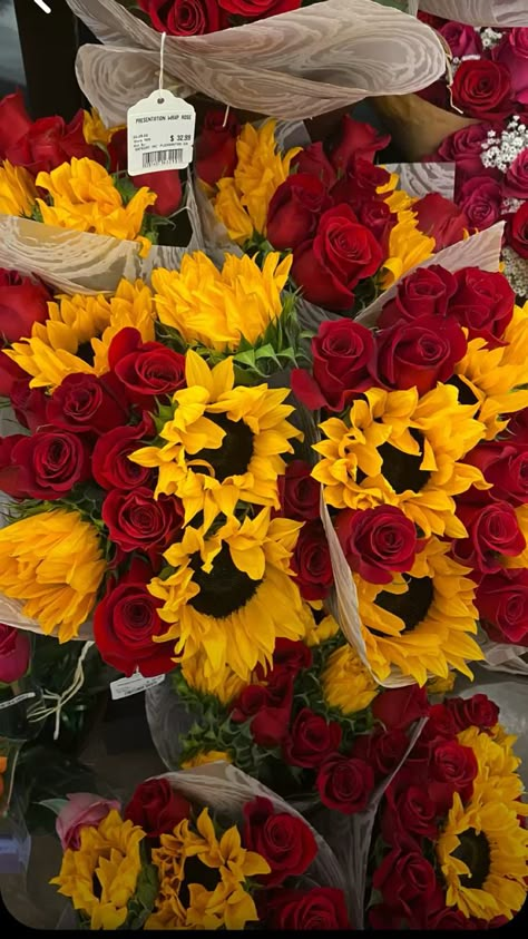 A mix of yellow sunflowers and red roses Sunflower And Rose Aesthetic, Sunflower And Rose Wallpaper, Sunflower And Roses Wallpaper Iphone, Sunflowers And Roses Aesthetic, Sunflowers And Roses Wallpaper, Sunflower Roses Bouquet, Sun Flowers And Roses, Roses And Sunflowers Bouquet, Yellow And Red Aesthetic