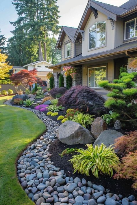 Landscaping Around Well, Garden Rock Landscaping, Rocks Garden Ideas Landscaping, Shale Rock Landscaping, Garden Path Landscaping, Water Friendly Landscape Front Yard, Rock Lawn Front Yards, Beautiful Landscapes Front Yard, Idaho Landscaping Ideas