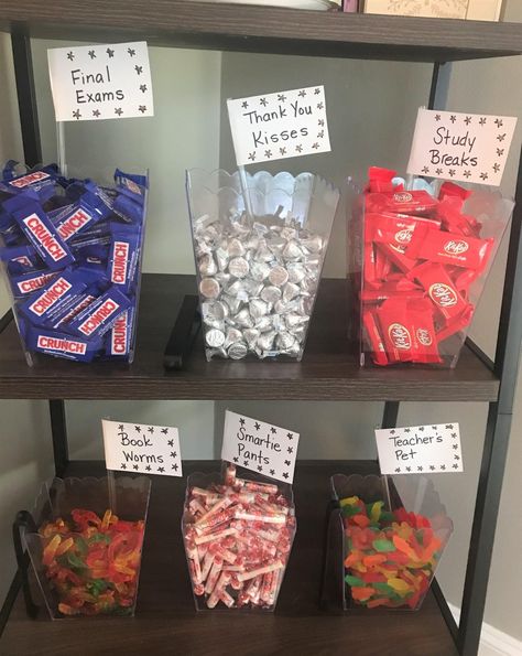 Grad Themed Food, Teacher Shower Party Ideas, Education Major Graduation Party, Teaching Graduation Party, Education Graduation Party, School Themed Candy Bar, College Graduation Party Ideas Teacher Education Major, Candy Lays For Graduation, Soda Bar Graduation Party